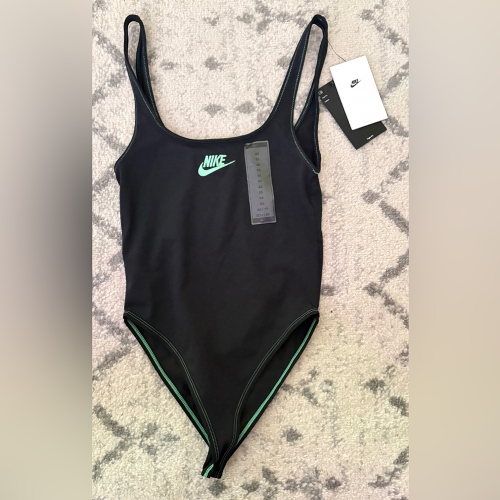 Nike Women’s One-Piece Bodysuit Swimsuit Black Mint Logo NWT XS